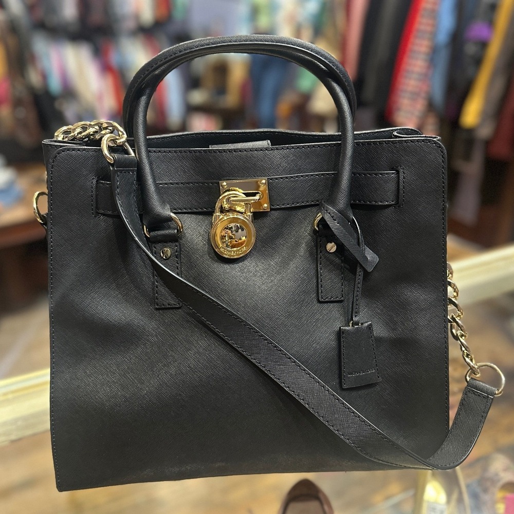 Michael Kors Hamilton Large Black Leather Tote Bag Office Chic Gold Lux
